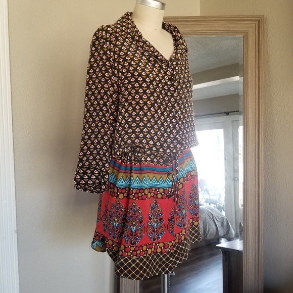 TOLANI Anthopologie Silk Bohemain Button Down Shirt Dress Tunic W Drawstring. - Picture 12 of 16